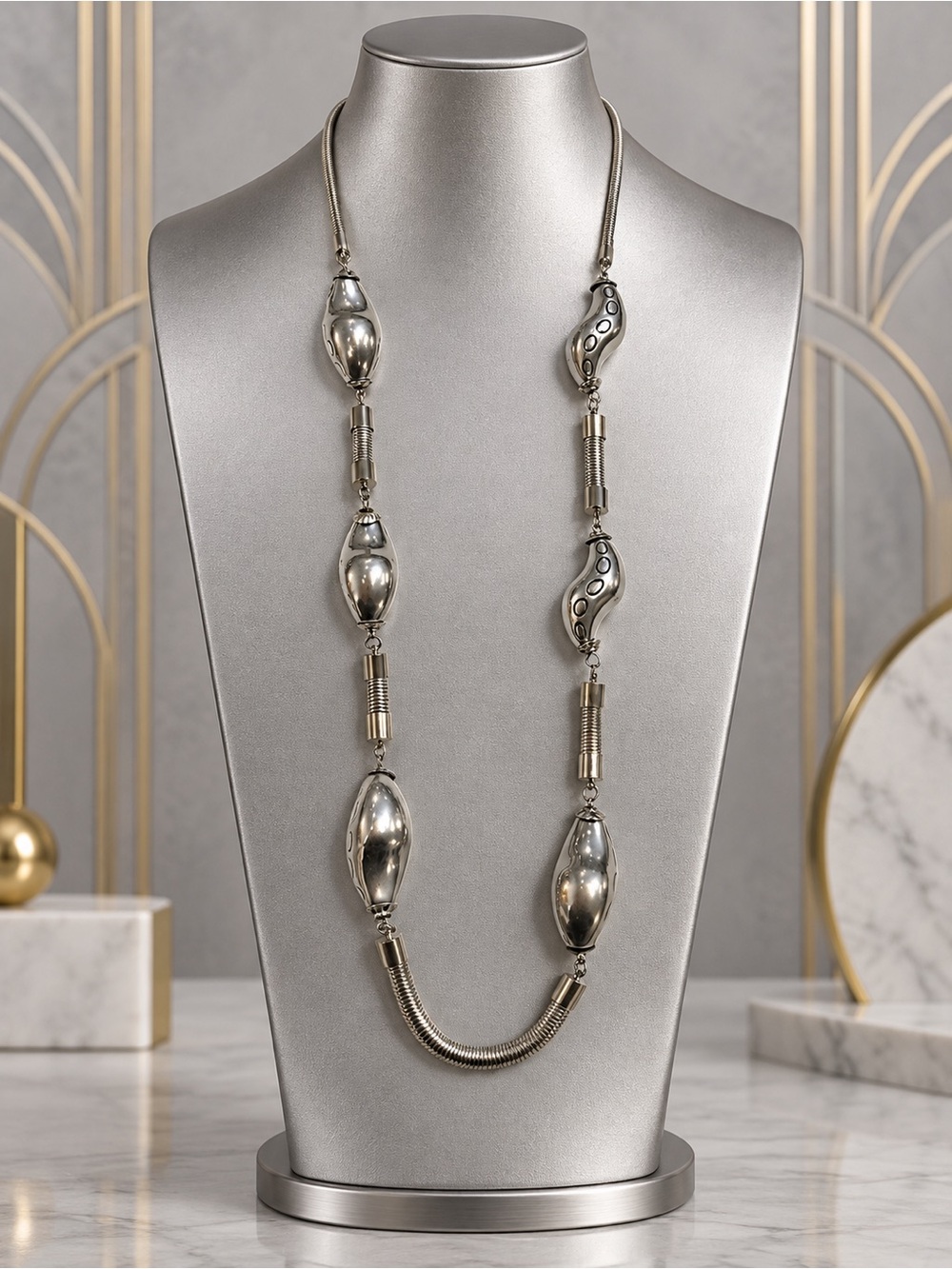 Sliver Tone Style Long Silver Beaded Necklace
